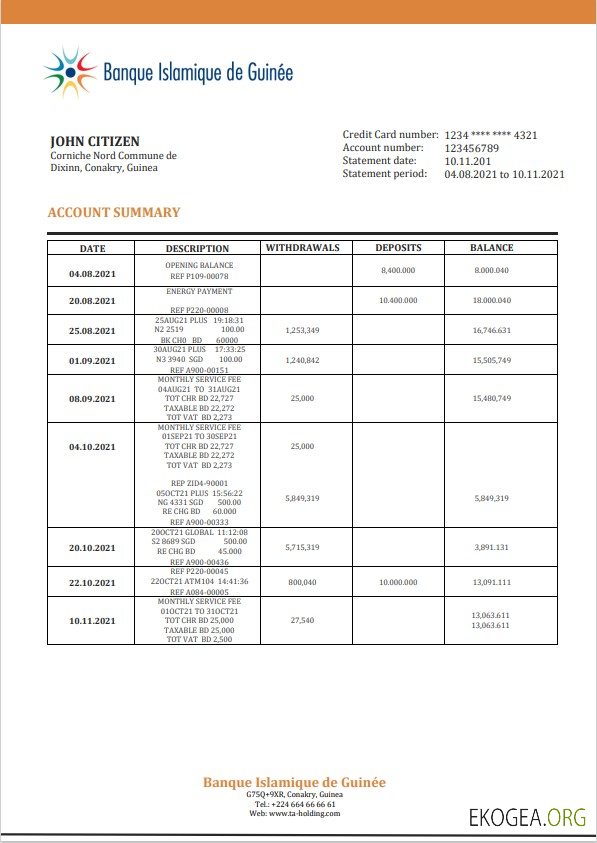 Modèle de relevé bancaire de preuve d'adresse de la Banque Islamique de Guinée de Guinée au format Word et PDF